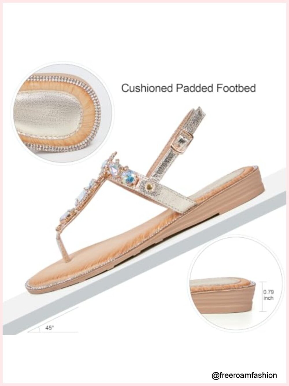 Rhinestone T-Strap Flat Sandals Adjustable Ankle Strap PU Leather - Picture 2 of 4
